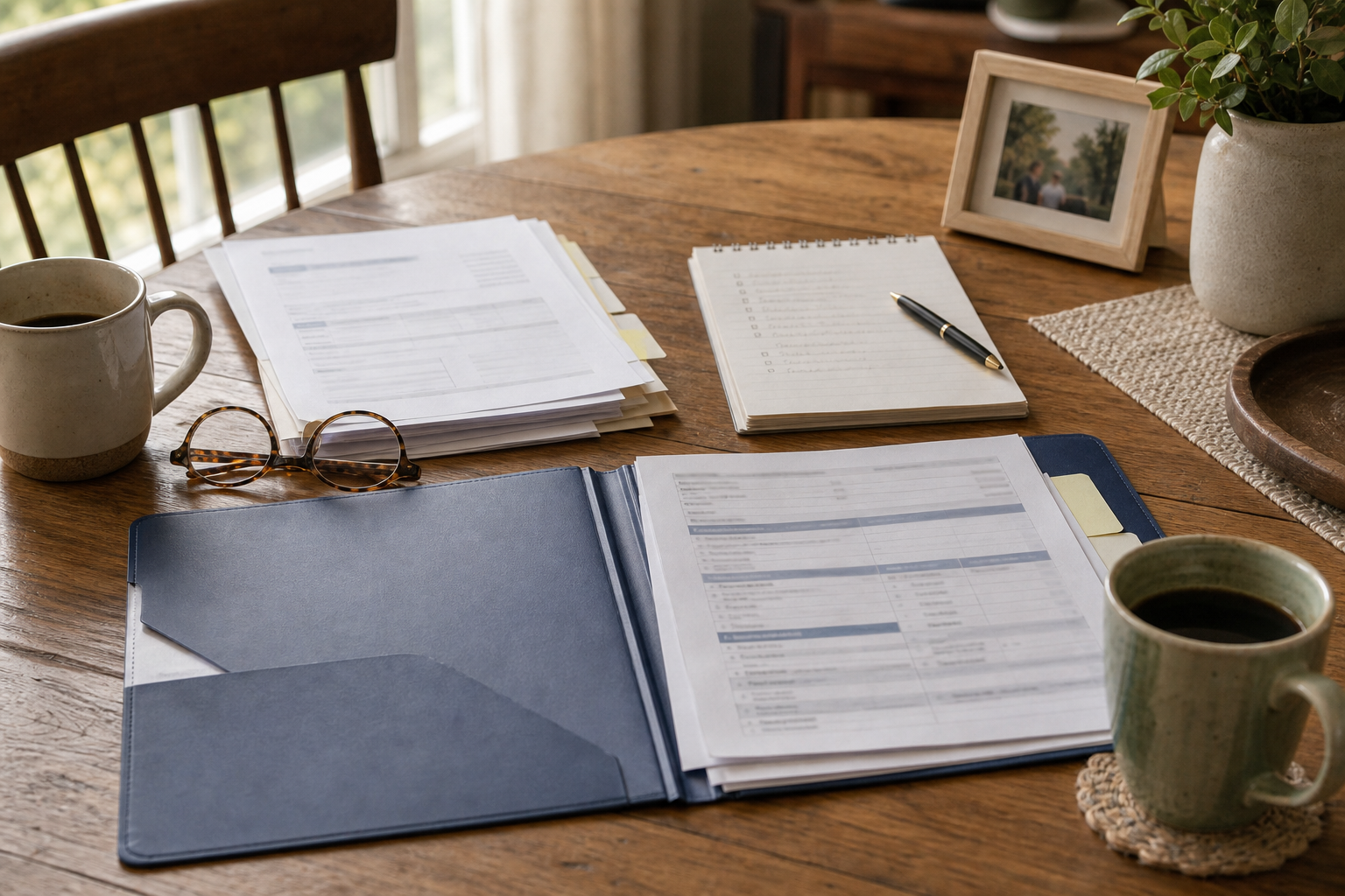 Retirement account papers, a checklist, reading glasses, and coffee arranged on a family dining table