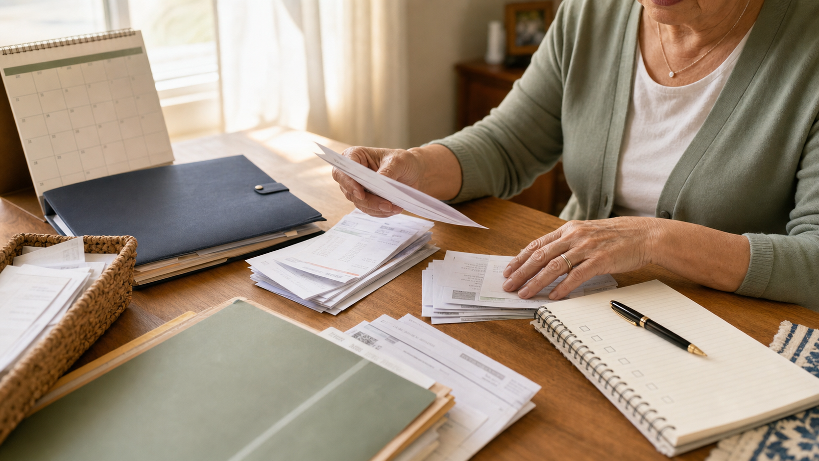 Older adult sorting household bills into organized piles before retirement
