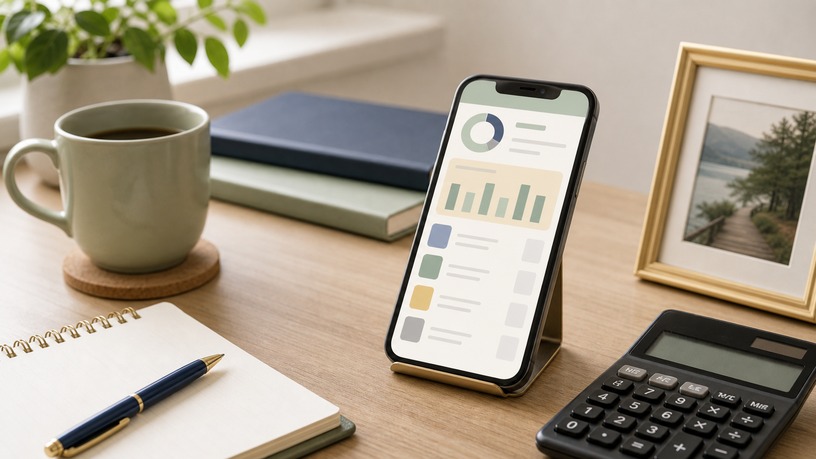 Smartphone with abstract budgeting dashboard, calculator, notebook, and pen