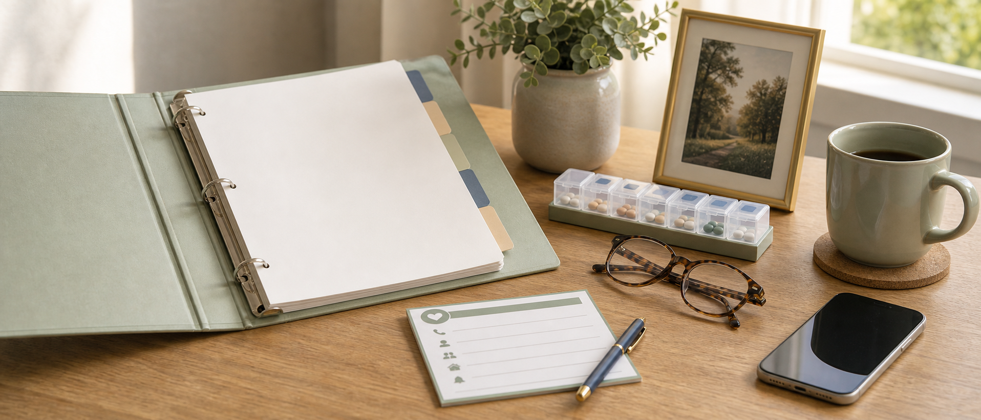 Care binder, pill organizer, phone, glasses, and emergency documents