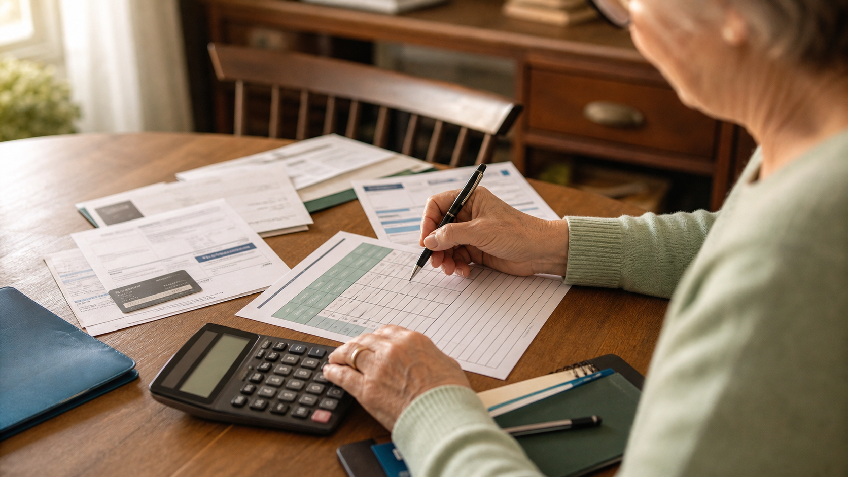 Older adult filling out a credit card debt payoff worksheet at a dining table