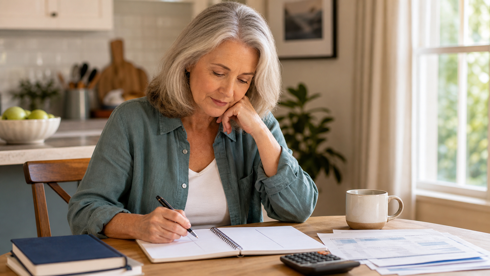 Woman calmly comparing household debt and retirement savings notes at a kitchen table
