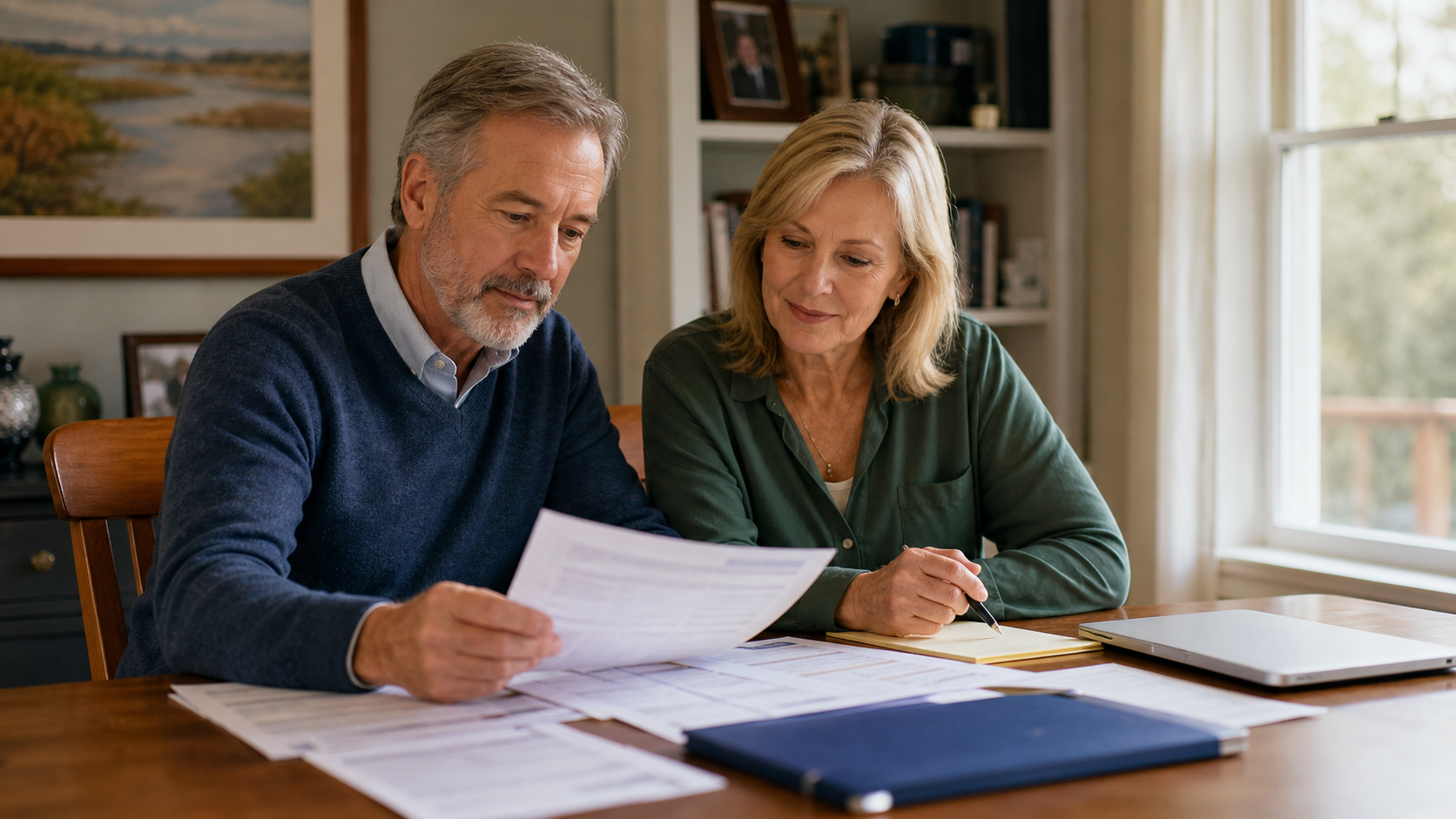 Couple calmly reviewing debt and retirement paperwork together at home