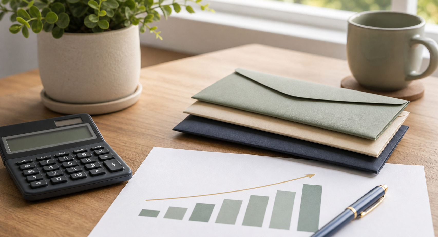 Debt payoff planning desk with calculator, bills, notebook, and glasses