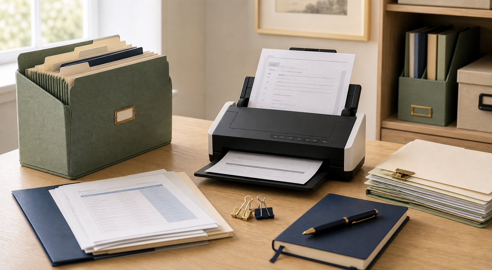 Compact document scanner with organized folders, papers, glasses, and a notebook on a warm home office desk