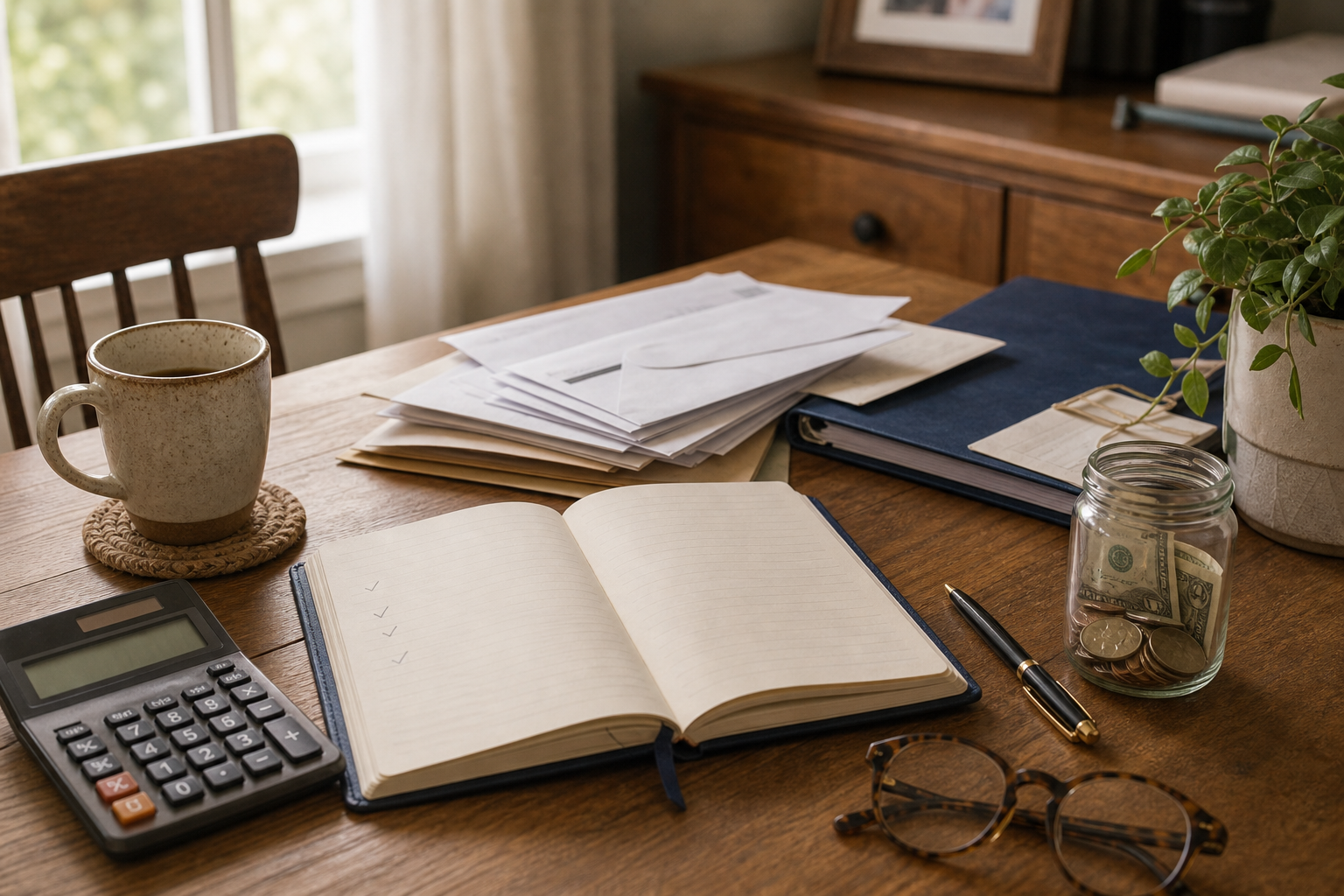 Savings notebook, calculator, household bills, and a modest cash jar on a warm dining table
