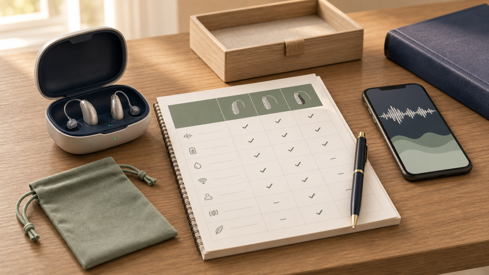 Modern hearing aids, charging case, phone, and comparison checklist on a desk