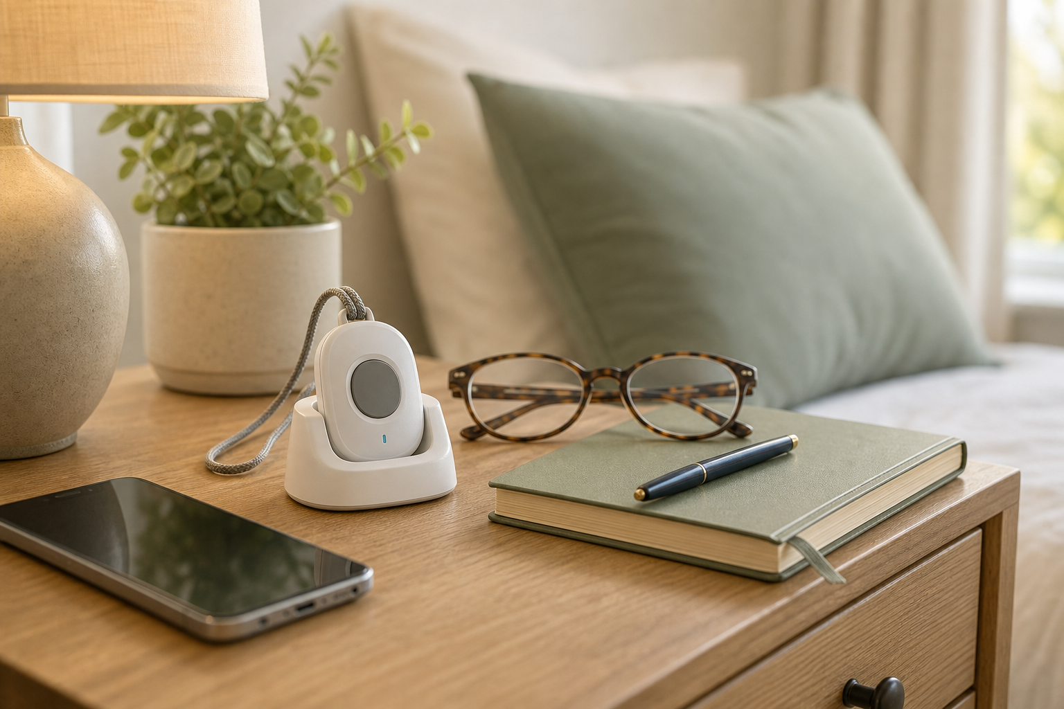 Generic medical alert pendant button and charging base on a bedside table