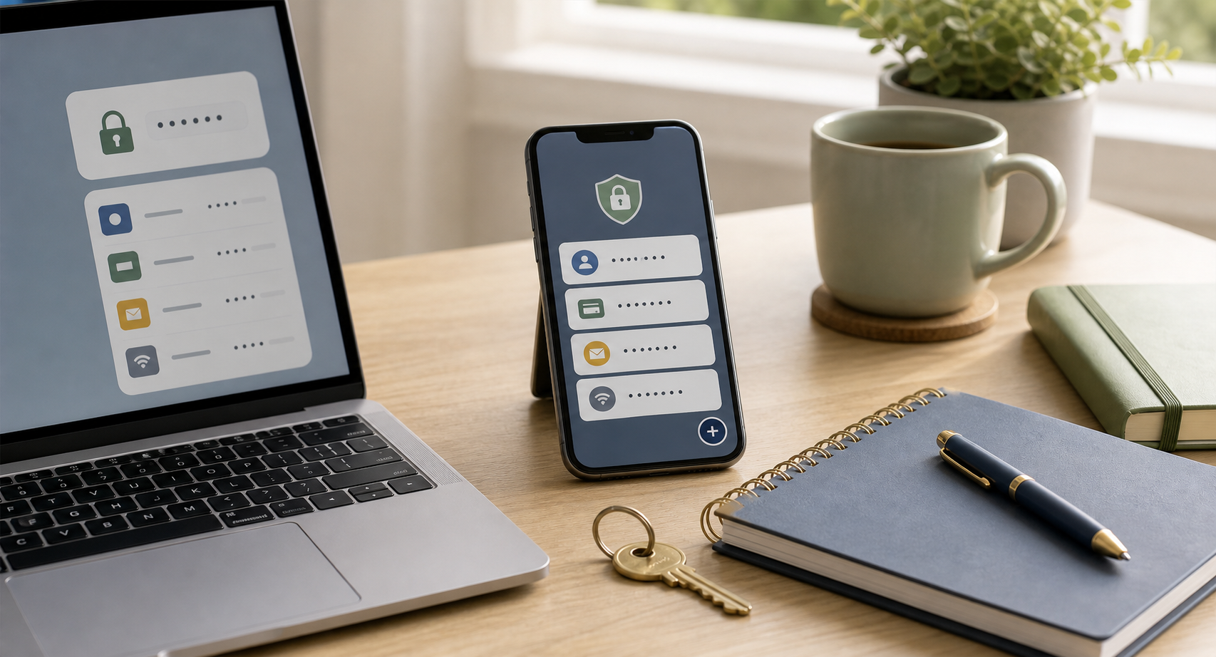 Laptop and smartphone with abstract lock icons and password fields