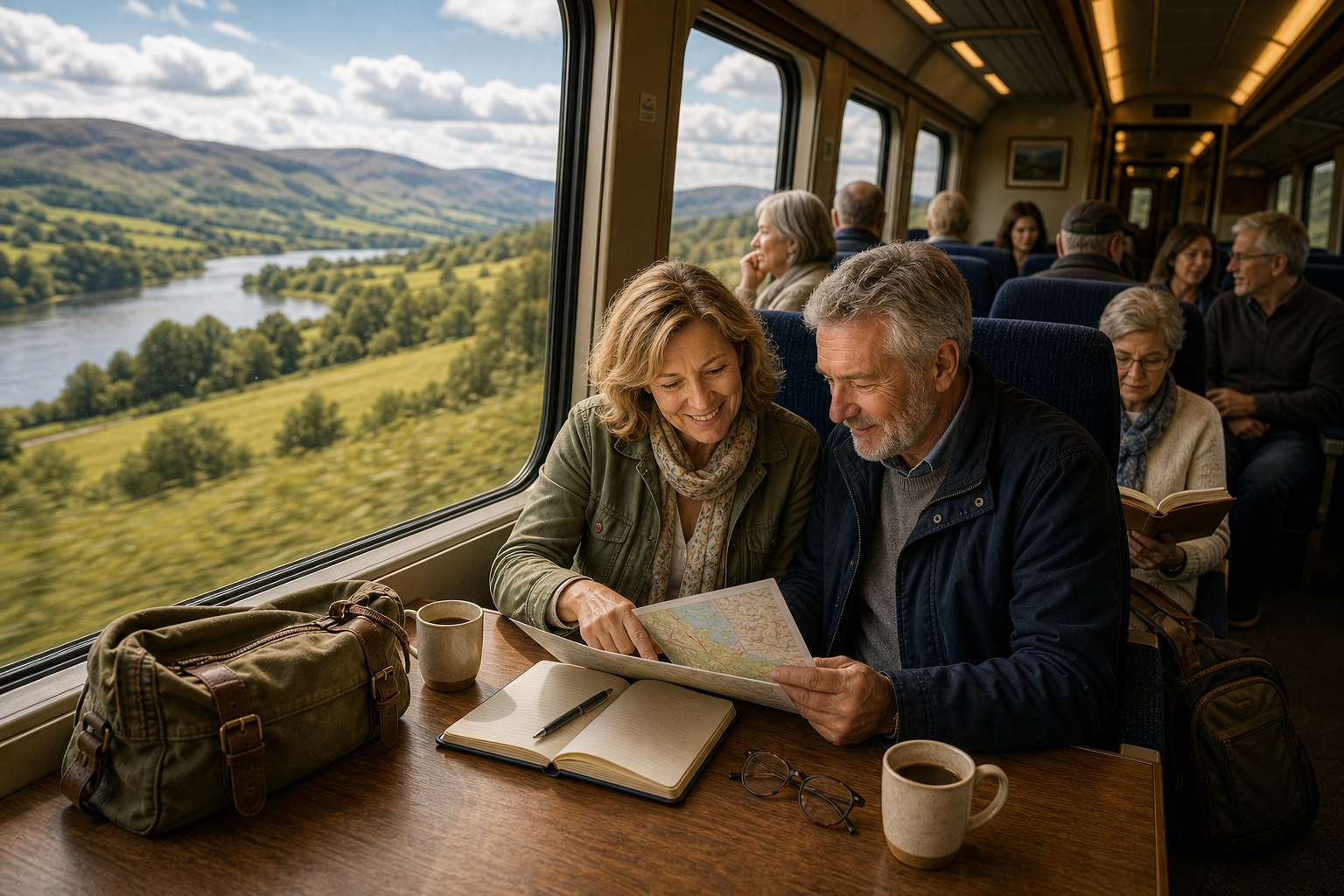 Retired couple enjoying a scenic train journey with a map, notebook, and small travel bag