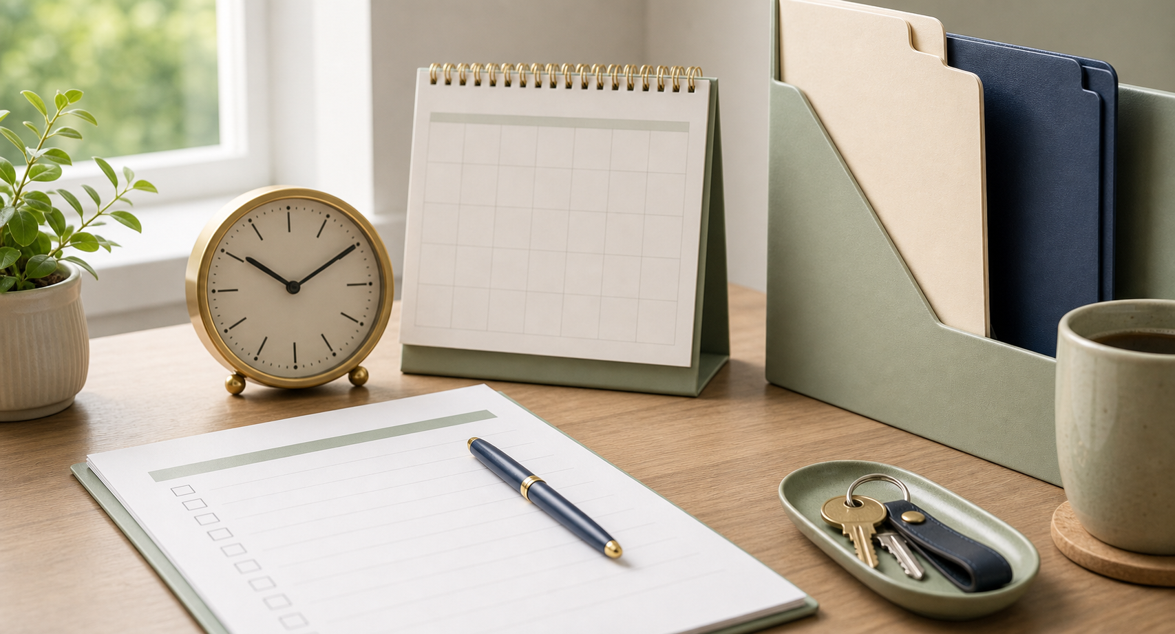 Retirement planning folders, checklist, calendar, notebook, and glasses