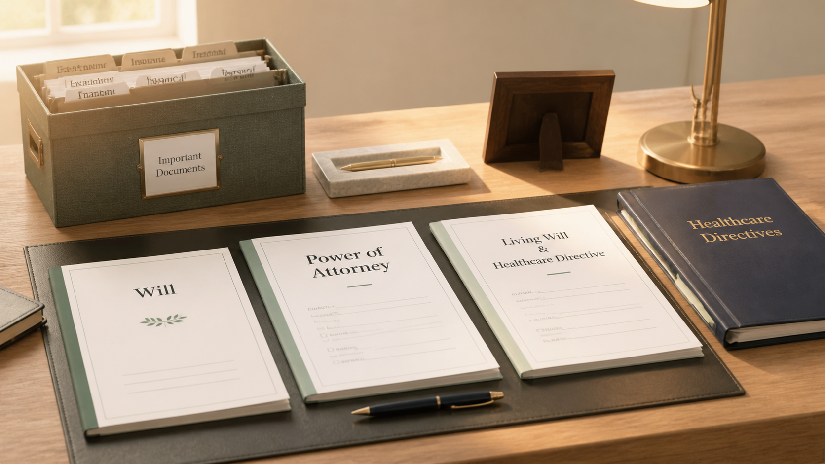 Organized will, power of attorney, and healthcare directive documents on a desk