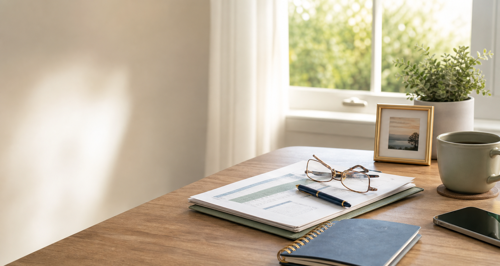 Organized desk with planning documents, a notebook, glasses, and a phone
